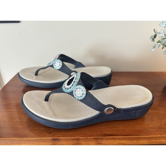 Crocs Sanrah Diamante Navy Blue & Turquoise Wedge Sandals Womens Size 8 - Picture 7 of 9